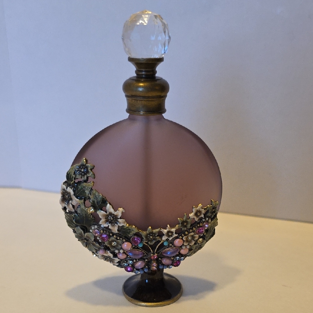 Vintage Perfume Bottle Enamel Dragonfly & Flowers Embellishments